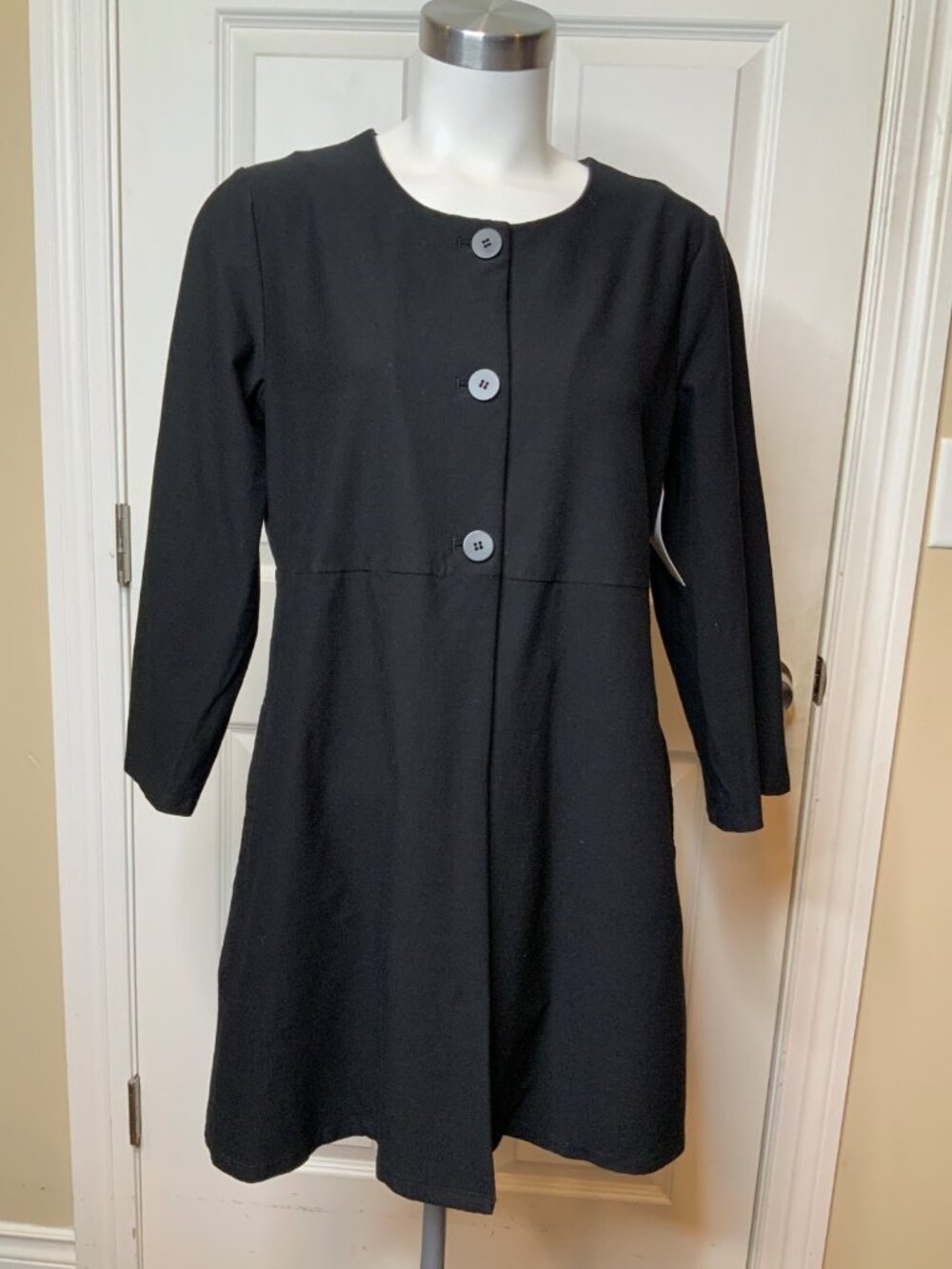 Eileen Fisher Black Stretch-Knit Round Neck Button-Down Tunic Jacket, Size S